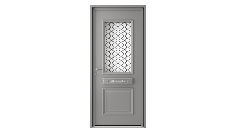 Porte d'entrée aluminium SYMI 2 Porte d'entrée grise avec une partie vitrée et une grille sérigraphiée